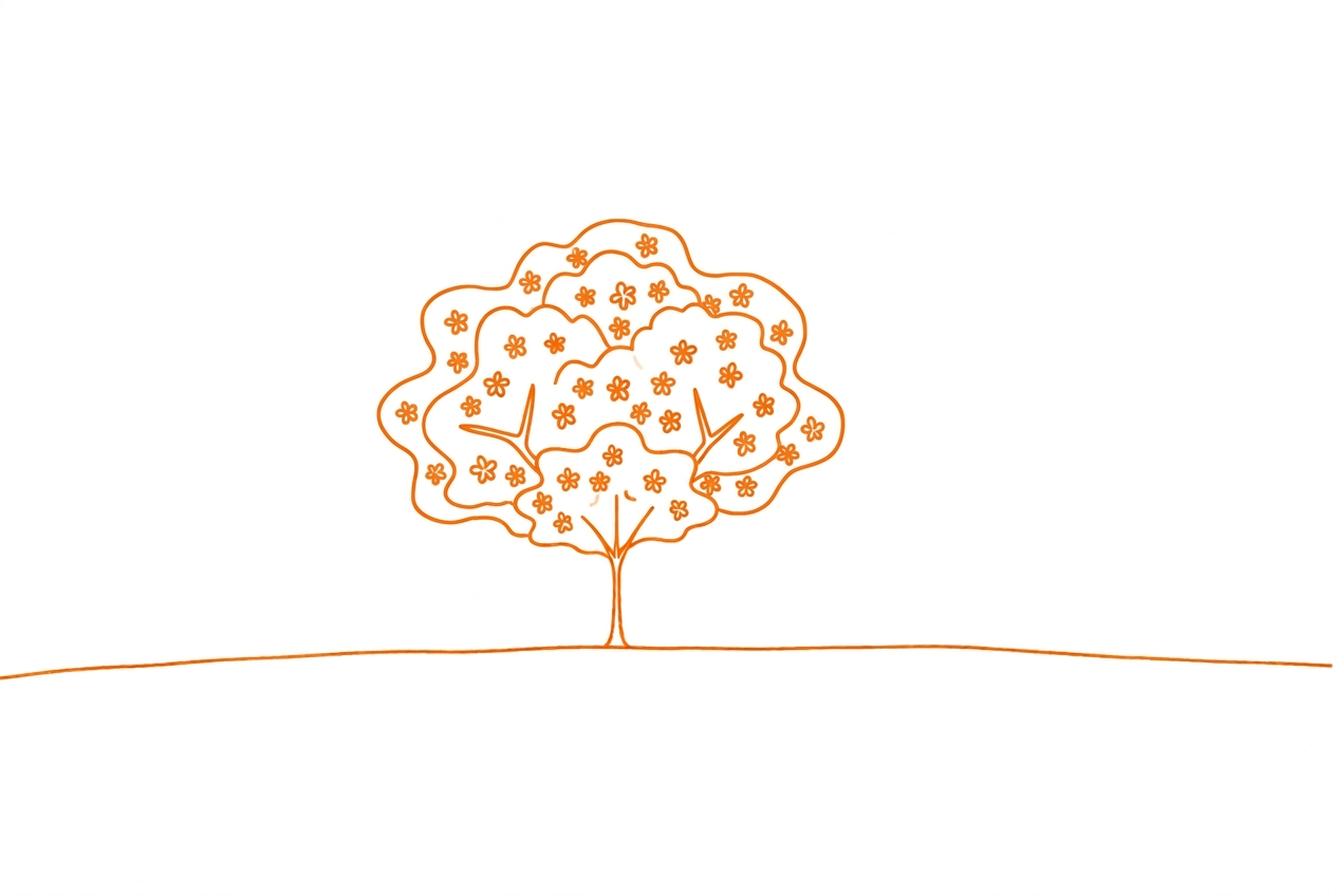 Line drawing of a blooming tree on the horizon